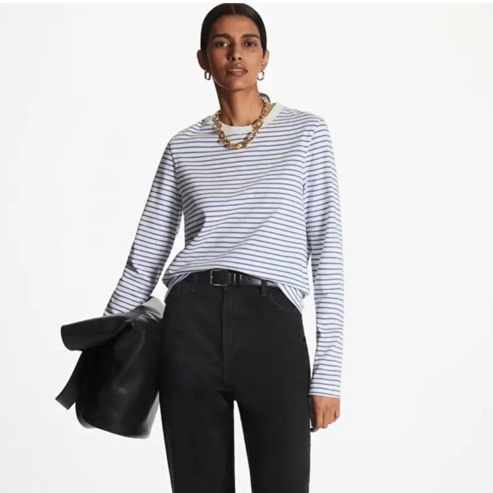 COS Slim-Fit Heavyweight Long Sleeve T-Shirt in Blue and White Stripe